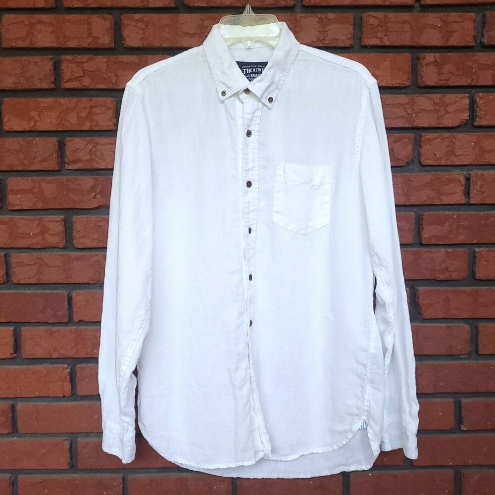 White 100% Linen Button Down Shirt Mens Medium Long Sleeve The New Ivy Brand
